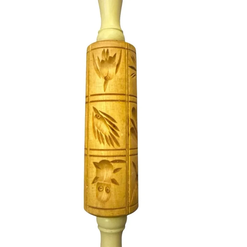 Birds Vintage Embossed Wood Rolling‎ Pin Dough Roller Cookies 14